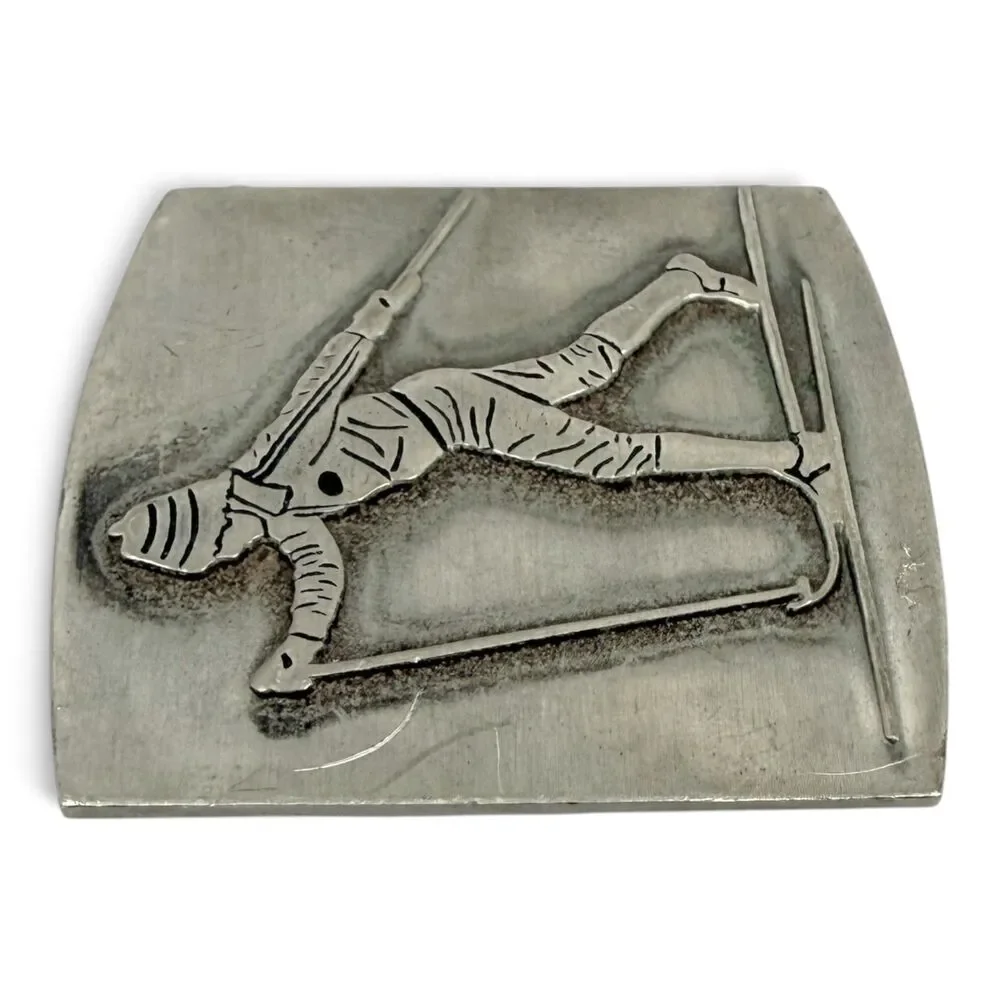 Vintage 1970s John E McCann Pewter Cross Country Skier Belt Buckle Wenham MA
